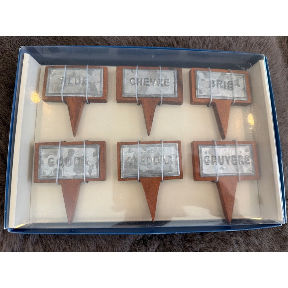 Pier 1 Cheese Markers Set of 6 Wooden Stakes Metal Names Charcuterie Decor